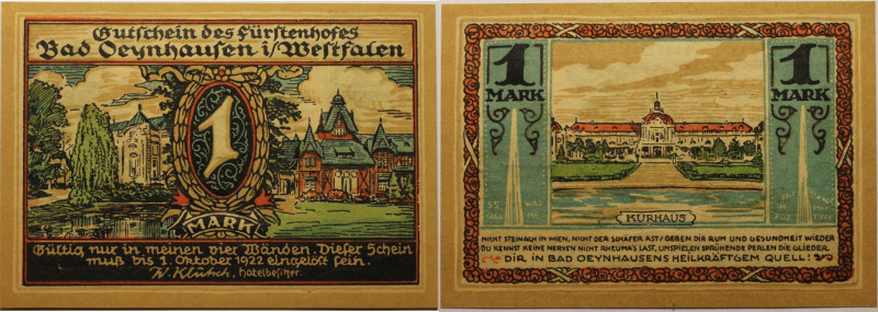 Banknoten, Deutschland / Germany. Notgeld Westfalen Oeynhausen Bad. 1 Mark 1922....