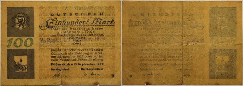 Banknoten, Deutschland / Germany. Notgeld Thüringen Pößneck. 100 Mark 1922. Müll...