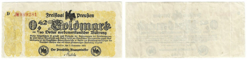 Banknoten, Deutschland / Germany. Freistaat Preussen, Berlin. 0,42 Goldmark 1923...