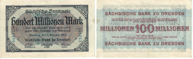 Banknoten, Deutschland / Germany. Sachsen - Dresden - Sächsische Bank. 100 Millionen Mark 1923 Länder-Banknote. SAX-21. III