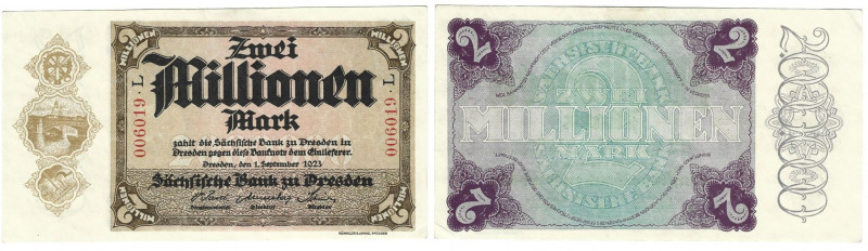 Banknoten, Deutschland / Germany. Sachsen - Dresden - Sächsische Bank. 2 Million...