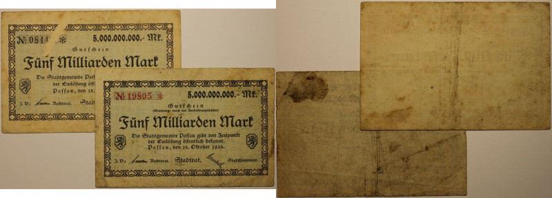 Banknoten, Deutschland / Germany. Notgeld Passau, Inflation. 2 x 5 Billion Mark ...