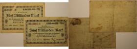 Banknoten, Deutschland / Germany. Notgeld Passau, Inflation. 2 x 5 Billion Mark 1923. 2 Stück. Keller: 4243. III