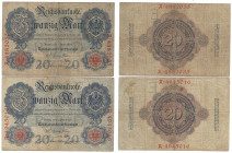 Banknoten, Deutschland / Germany, Lots und Sammlungen. Reichsbanknoten und Reichskassenscheine (1874-1914). 2 x 20 Mark Reichsbanknote 8.6.1907. Pick:...