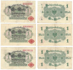 Banknoten, Deutschland / Germany, Lots und Sammlungen. Geldscheine I. Weltkrieg (1914-1918). 3 x 1 Mark Darlehenskassenschein 12.8.1914. Ro: 51a. Lot ...