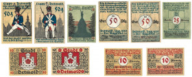 Banknoten, Deutschland / Germany, Lots und Sammlungen. Lippe Detmold Notgeld. 2 x 10 Pfennig, 25 Pfennig, 2 x 50 Pfennig 1920. Lot von 5 Banknoten. Ka...