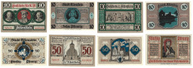 Banknoten, Deutschland / Germany, Lots und Sammlungen. Allenstein. 2 x 10 Pfennig, 2 x 50 Pfennig 1921 Notgeld. Lot von 4 Banknoten. Kassenfrisch