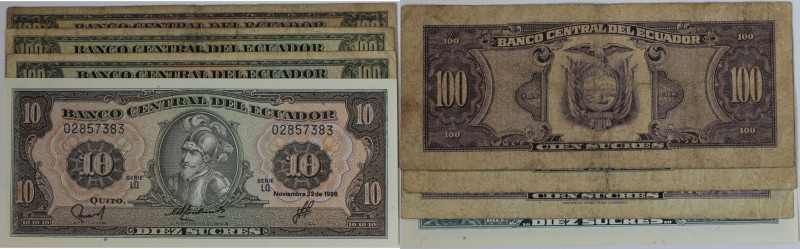 Banknoten, Ecuador, Lots und Sammlungen. 10 Sucres, 3 x 100 Sucres 1980-88. Lot ...