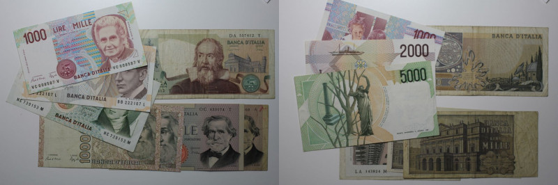 Banknoten, Italien / Italy, Lots und Sammlungen. 5 x 1000 Lire, 2 x 2000 Lire, 5...