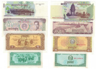 Banknoten, Kambodscha / Cambodia, Lots und Sammlungen. 0.1 Riel 1979 (P.25), 1 Riel 1979 (P.28), 50 Riels 1992 (P.35), 100 Riels 2001 (P.36). Lot von ...