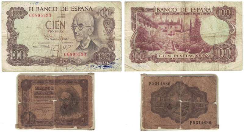 Banknoten, Spanien / Spain, Lots und Sammlungen. 1 Peseta 1951 (P.141), 100 Pese...