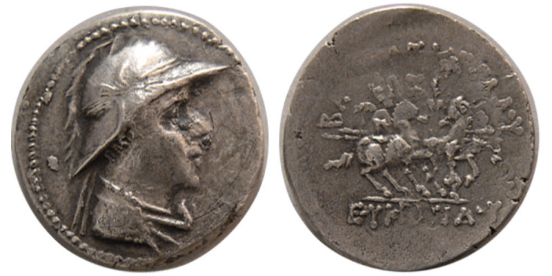 BAKTRIAN KINGS, Eukratides I. 171-145 BC. AR drachm (3.19 gm; 19 mm). Diademed a...
