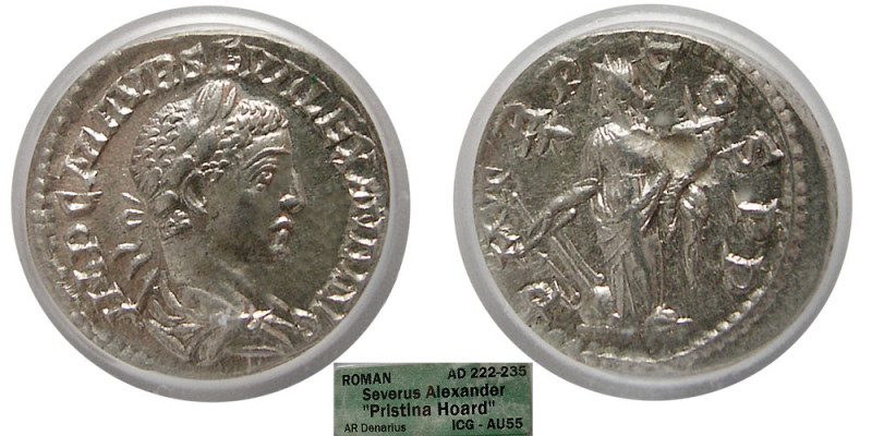 ROMAN EMPIRE. Severus Alexander. AD. 222-235. AR Denarius. ICG-AU55. "Pristina H...