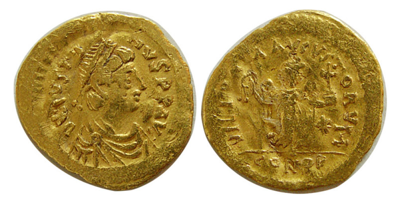 ROMAN EMPIRE. Justin II. AD. 565-578. AV tremissis (1.49 gm; 15 mm). Ravenna. D ...