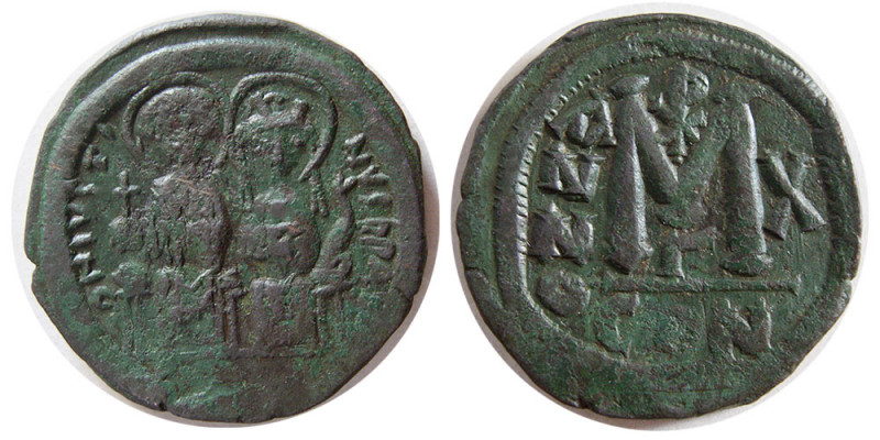 BYZANTINE EMPIRE. Justin II, with Sophia. AD. 565-578. Æ Follis (14.91 mm; 30 mm...