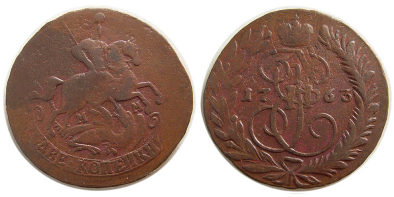 RUSSIA. 1763 M.M. 2 Kopecks (20.69 gm; 34 mm) dated 1763. Nice Brown-reddish pat...