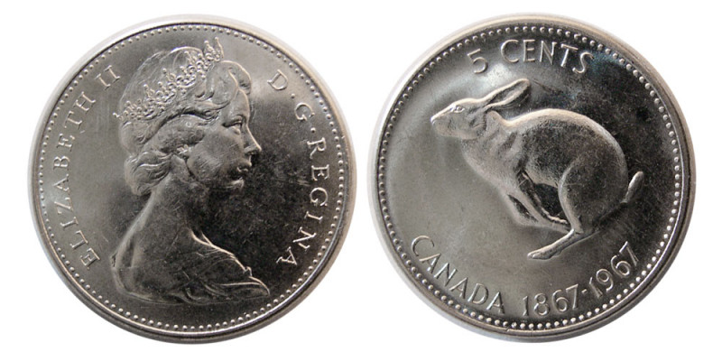 CANADA; Elizabeth II, Regina. 1967. 5 Cents (4.60 gm; 21 mm). Choice UNC. Fully ...