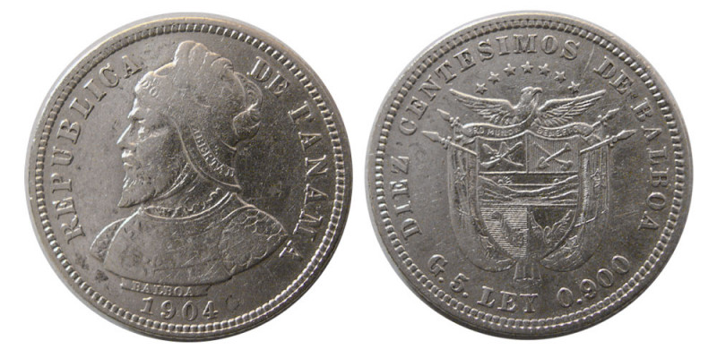 PANAMA, Republic. 1904. Ten Centesimos (4.92 gm; 24 mm). KM-2. Choice EF.