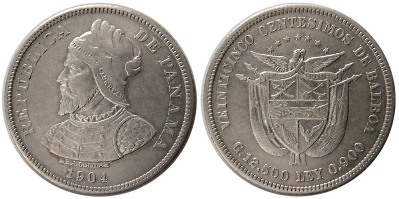 PANAMA, Republic. 1904. 25 Centesimos (12.44 gm; 30 mm). Choice AU. Lightly tone...