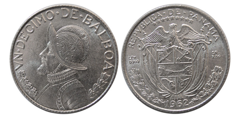 PANAMA, Republic. 1962. Balboa. 1/10 VN Decimo (2.54 gm; 18 mm). Armored bust of...