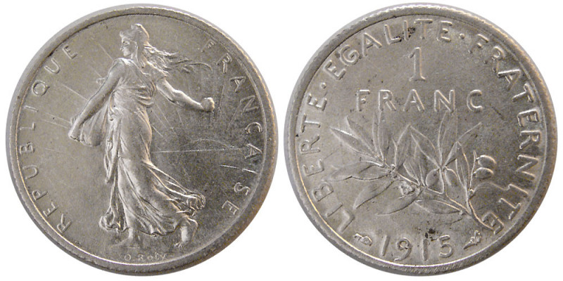 FRANCE, REPUBLIC. 1915. Silver One franc (4.96 gm; 23 mm). Choice UNC. Fully lus...