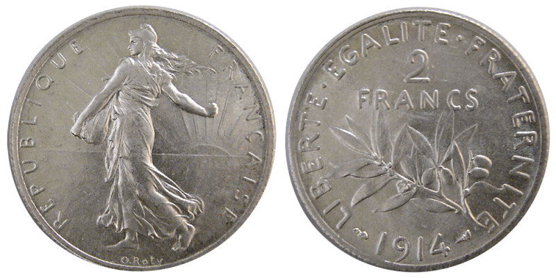 FRANCE, REPUBLIC. 1914. Silver Two francs (10.04 gm; 27 mm). Choice UNC. Fully l...