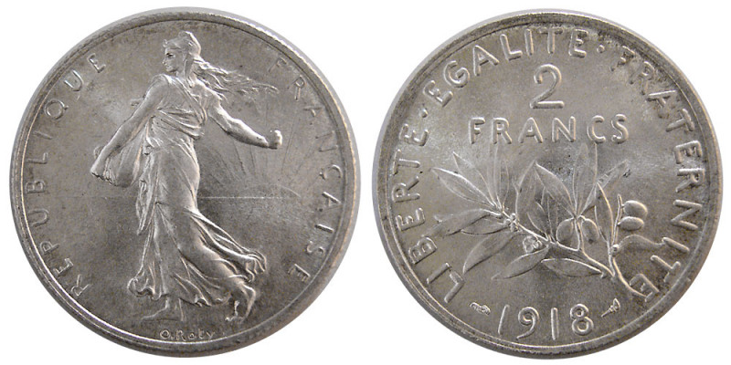 FRANCE, REPUBLIC. 1918. Silver Two francs (10.06 gm; 27 mm). Choice UNC. Fully l...