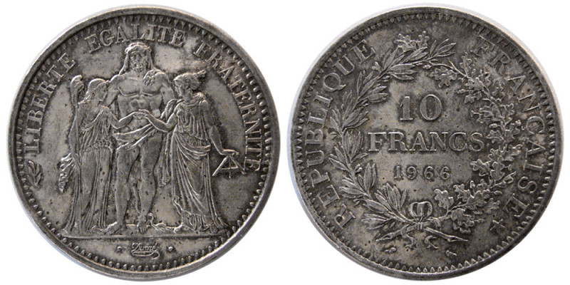 FRANCE, REPUBLIC. 1966. Silver Ten francs (25.10 gm; 37 mm). Choice UNC. Toned.