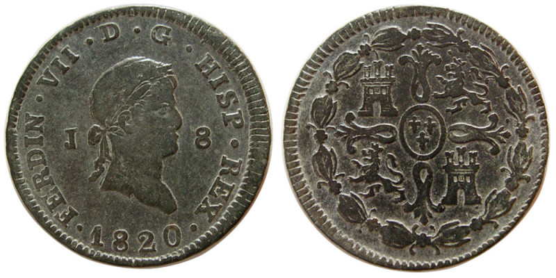 SPAIN. Ferdinand VII. 1820. 8 Maravedis (9.84 gm; 31 mm), dated 1820. Lovely str...