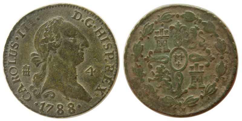 SPAIN, Carolus III. 1788. 4 Maravedis (5.32 gm; 25 mm). dated 1788. Original gre...