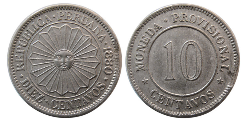 REPUBLIC of PERU. 1880. 10 Centavos (4.84 gm; 22 mm). Small flan flaw on the edg...