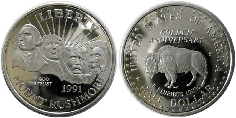 UNITED STATES. 1991 Mount Rushmore Copper Nickel Half Dollar (11.26 gm; 30 mm). ...