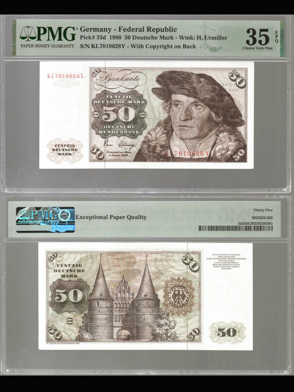 GERMANY-Federal Republic. Pick 33d. 1980 50 Deutsche Mark. Watermark: H. Urmille...