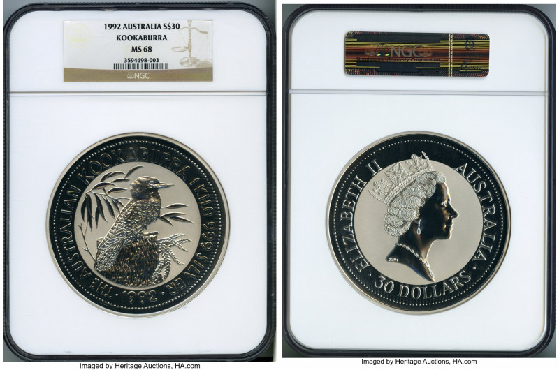 Elizabeth II silver "Kookaburra" 30 Dollars (Kilo) 1992-P MS68 NGC, Perth mint, ...