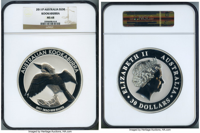 Elizabeth II silver "Kookaburra" 30 Dollars (Kilo) 2011-P MS68 NGC, Perth mint, ...