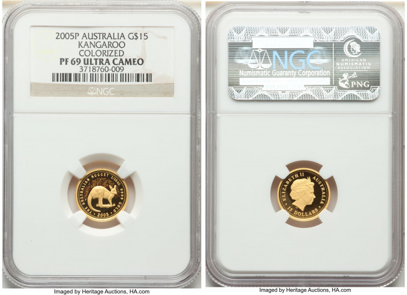 Elizabeth II gold Colorized Proof "Kangaroo" 15 Dollars (1/10 oz) 2005-P PR69 Ul...