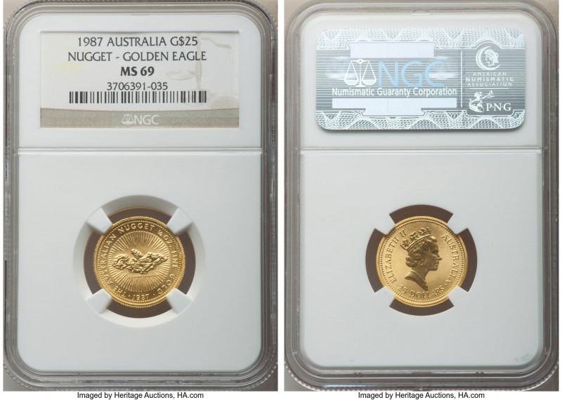 Elizabeth II gold "Nugget - Golden Eagle" 25 Dollars (1/4 oz) 1987 MS69 NGC, Per...