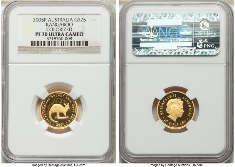 Elizabeth II gold Colorized Proof "Kangaroo" 25 Dollars (1/4 oz) 2005-P PR70 Ult...
