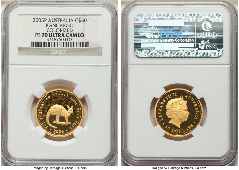 Elizabeth II gold Colorized Proof "Kangaroo" 50 Dollars (1/2 oz) 2005-P PR70 Ult...