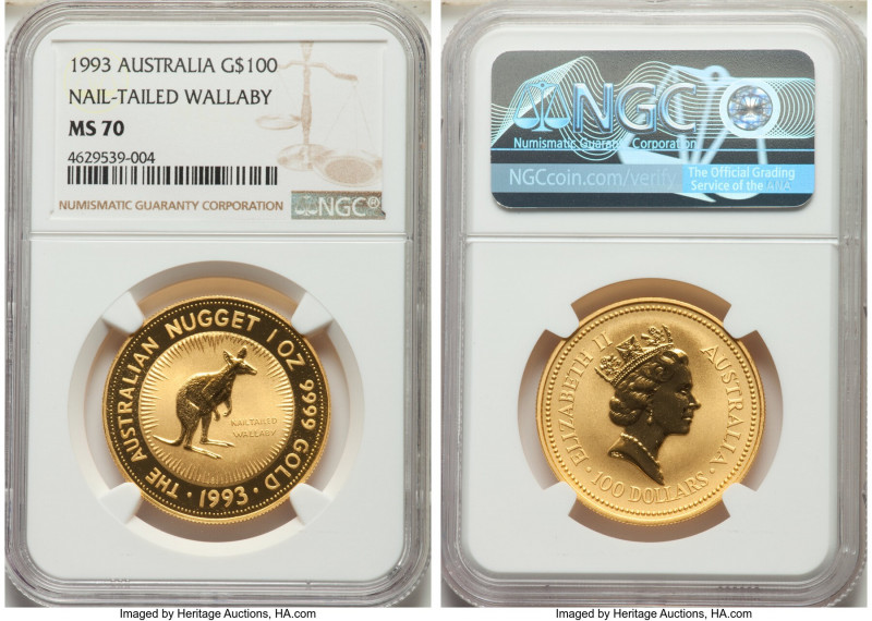 Elizabeth II gold "Nail-Tailed Wallaby" 100 Dollars (1 oz) 1993 MS70 NGC, KM393....