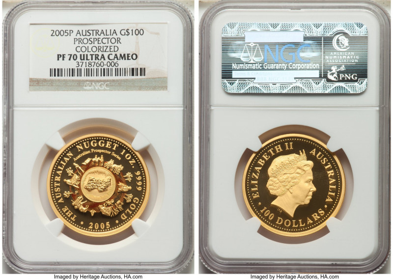 Elizabeth II gold Colorized Proof "Prospector" 100 Dollars (1 oz) 2005-P PR70 Ul...
