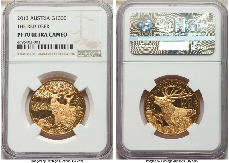 Republic gold Proof "Red Deer" 100 Euros 2013 PR70 Ultra Cameo NGC, Vienna mint,...
