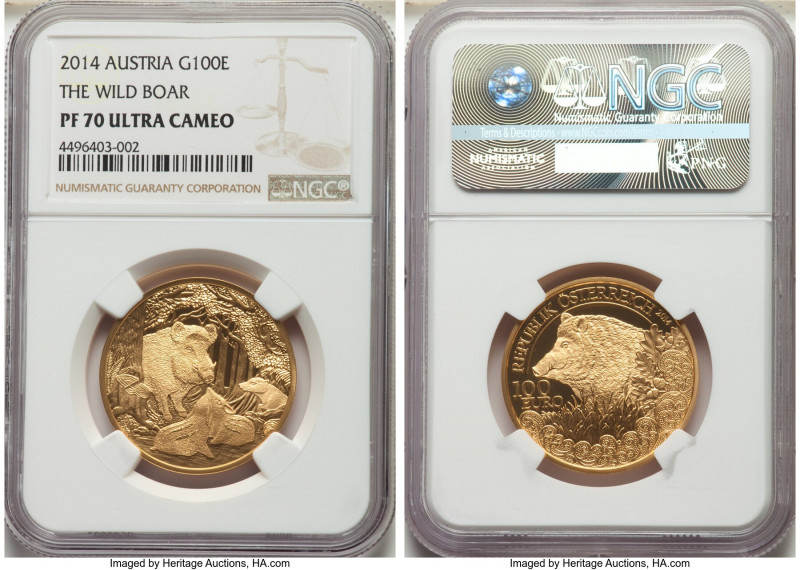 Republic gold Proof "Wild Boar" 100 Euros 2014 PR70 Ultra Cameo NGC, Vienna mint...
