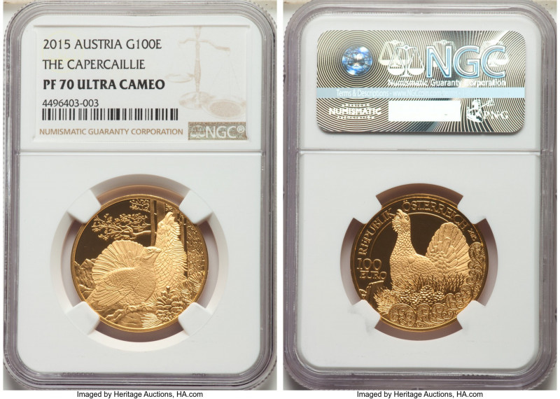 Republic gold Proof "Capercaillie" 100 Euros 2015 PR70 Ultra Cameo NGC, Vienna m...