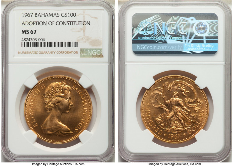 Elizabeth II gold "Adoption of Constitution" 100 Dollars 1967 MS67 NGC, KM14. Mi...