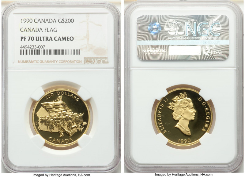 Elizabeth II gold Proof "Canada Flag" 200 Dollars 1990 PR70 Ultra Cameo NGC, Roy...