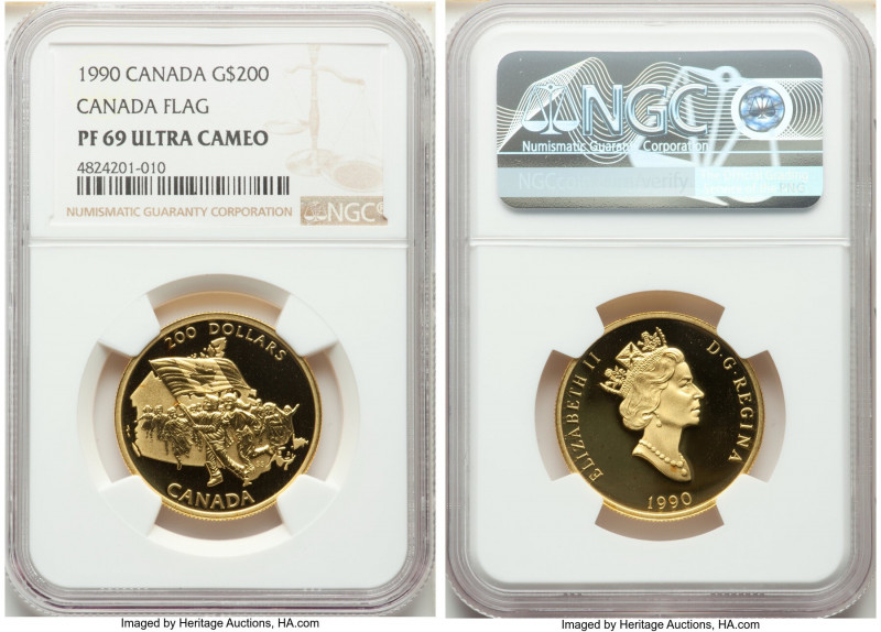 Elizabeth II gold Proof "Canada Flag" 200 Dollars 1990 PR69 Ultra Cameo NGC, Roy...