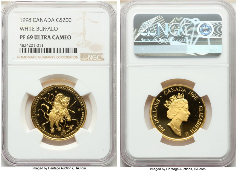 Elizabeth II gold Proof "White Buffalo" 200 Dollars 1998 PR69 Ultra Cameo NGC, R...
