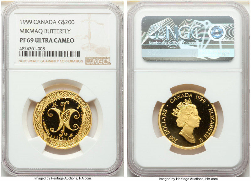 Elizabeth II gold Proof "Mikmaq Butterfly" 200 Dollars 1999 PR69 Ultra Cameo NGC...