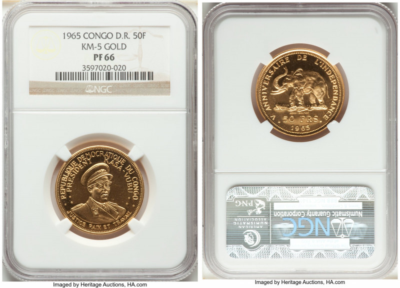 Democratic Republic gold Proof "5th Anniversary of Independence" 50 Franc 1965 P...